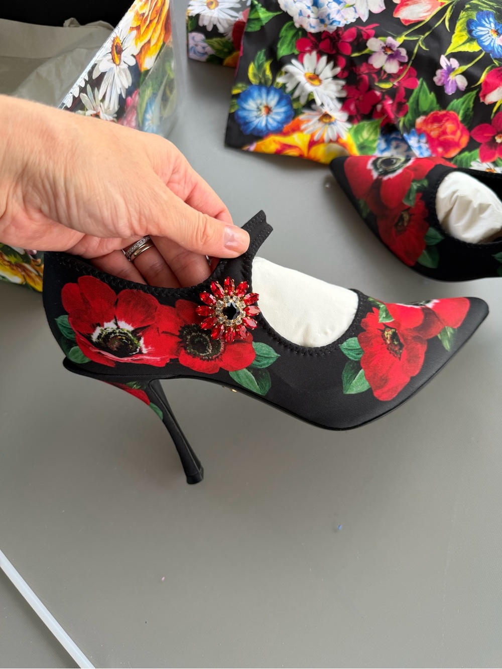 Dolce & Gabbana Black Floral Pointed Toe Mary Jane Pumps with Red Flower Brooch